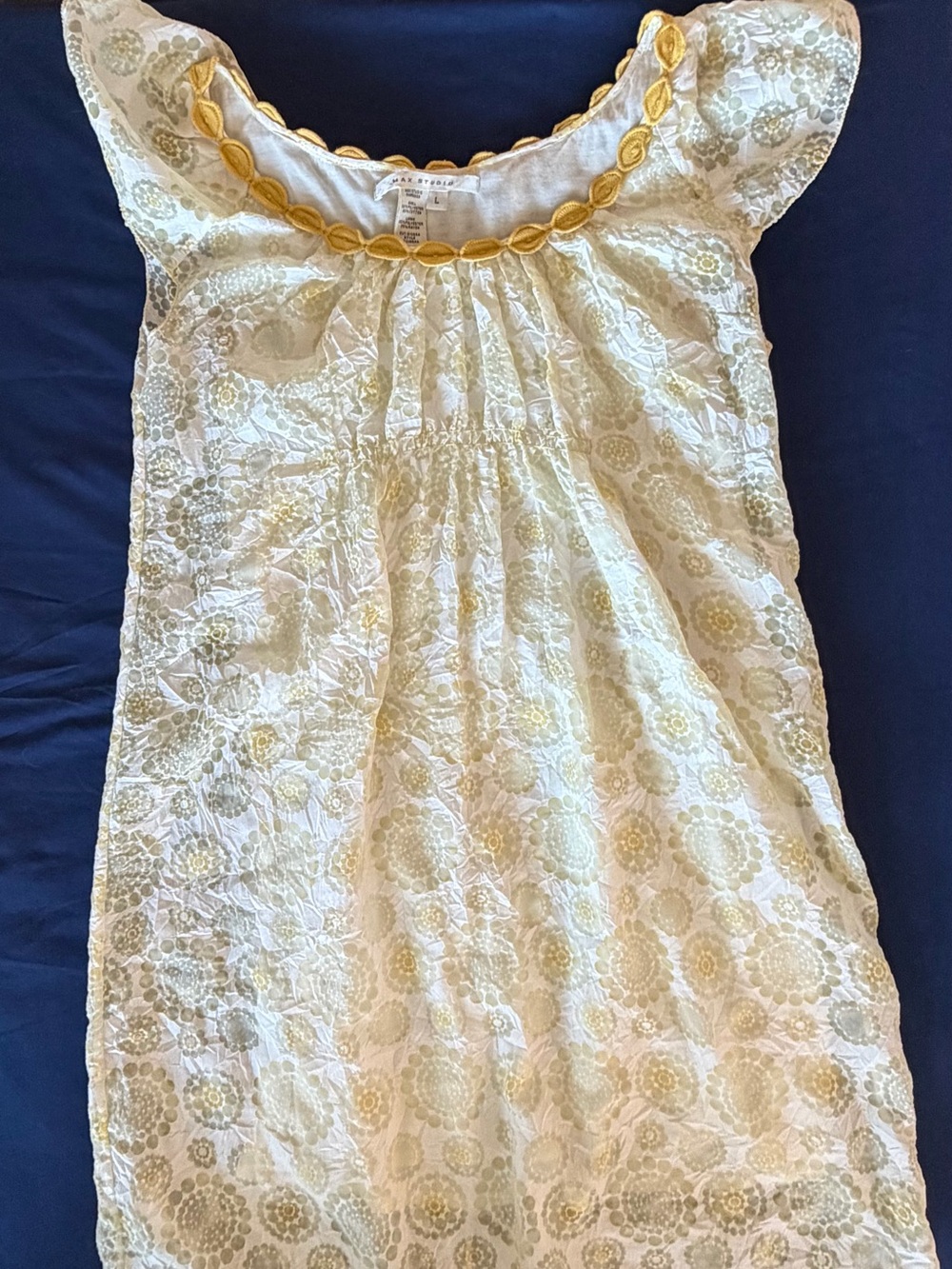 Max Studio Floral Pattern Mini Dress Pale Yellow Embroidered Peasant Top Sz Lg